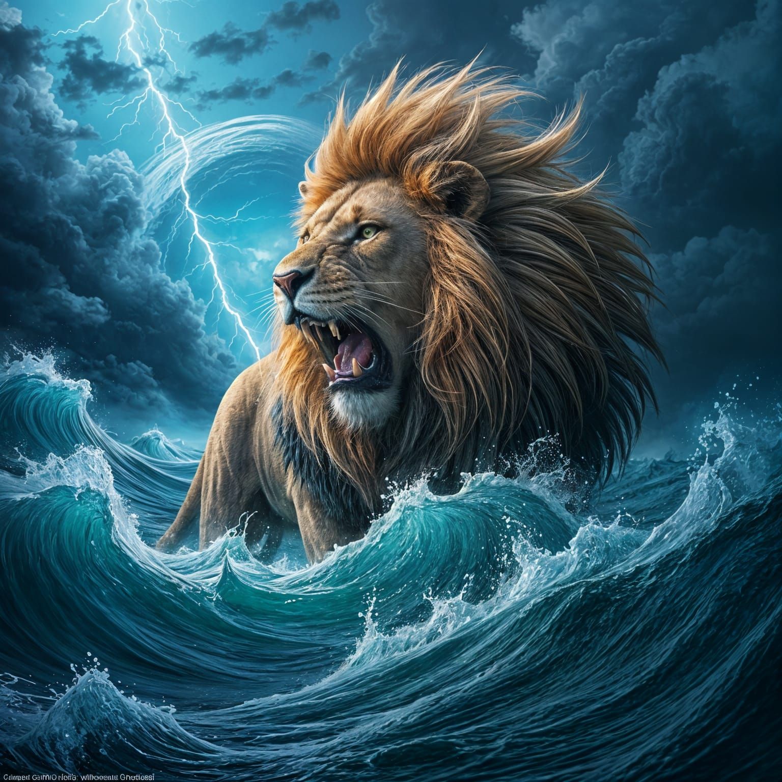 Lion's Roar in Ocean Storm: Digital Art