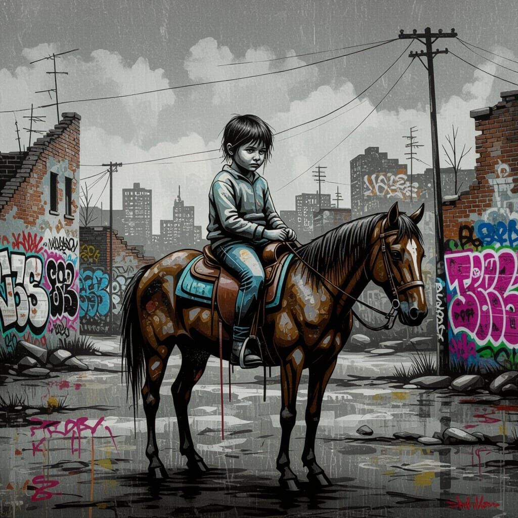 Melancholic Child on Horse in Urban Decay