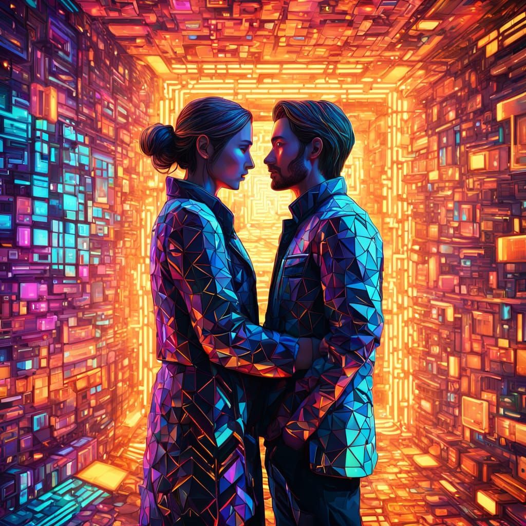 Futuristic Pixel Art: A Shared Moment in Neon Glow