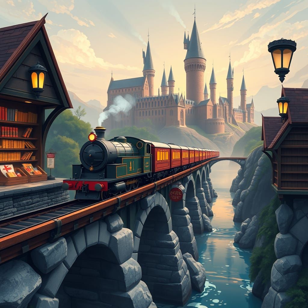 Surreal Train Chugs Across Hogwarts Bridge with Majestic Cas...