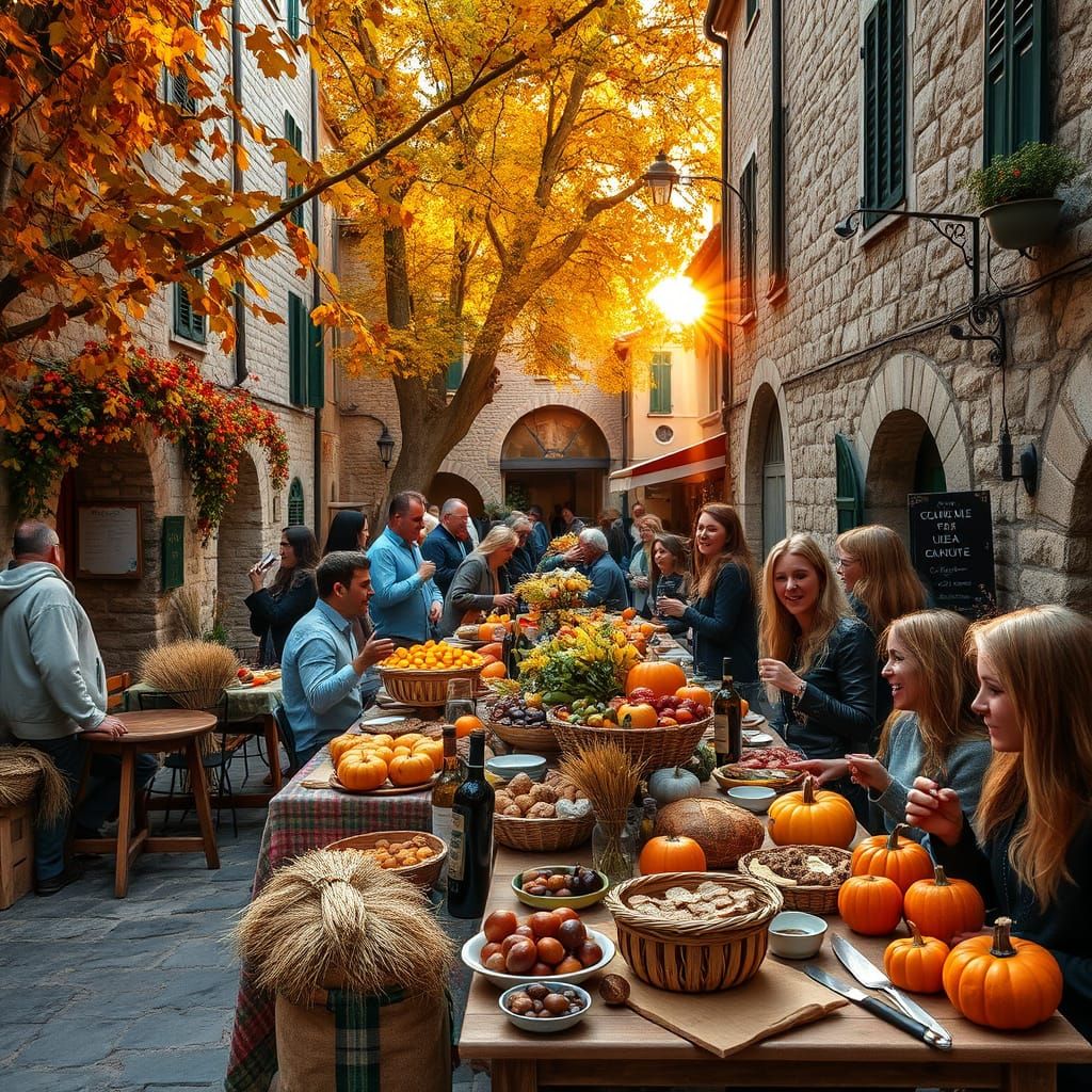 Autumn Harvest Festival in Italian Village at Sunset