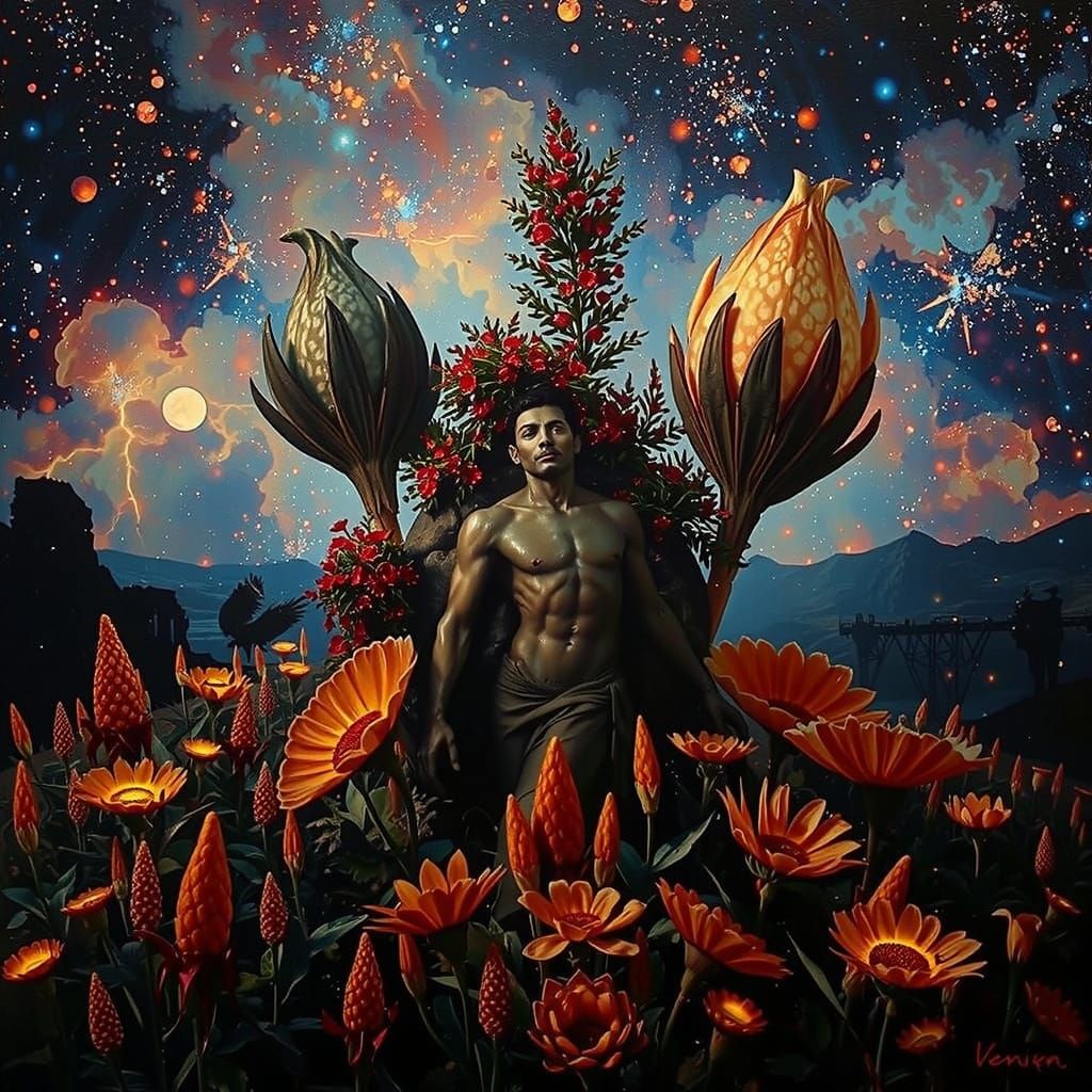 Ethereal Botanical Field Under Nebula Glow