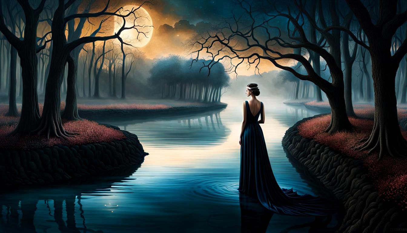 Melancholy Woman Floats on River: Surreal Digital Art