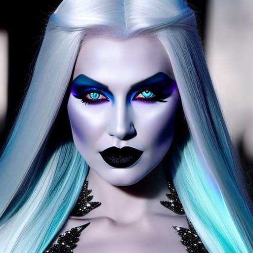 Evil Ice Queen with white hair& blue eyes& purple eyeshadow& black eyeliner& icy blue lipstick& porcelain white complexi...