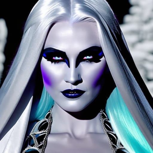 Evil Ice Queen with white hair& blue eyes& purple eyeshadow& black eyeliner& icy blue lipstick& porcelain white complexi...