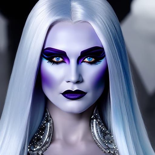Evil Ice Queen with white hair& blue eyes& purple eyeshadow& black eyeliner& icy blue lipstick& porcelain white complexi...