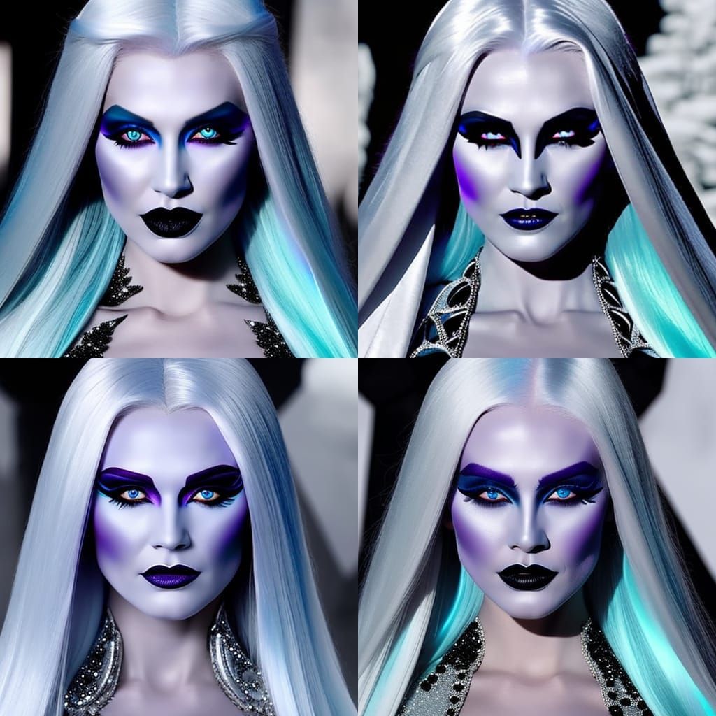 Evil Ice Queen with white hair& blue eyes& purple eyeshadow& black eyeliner& icy blue lipstick& porcelain white complexi...