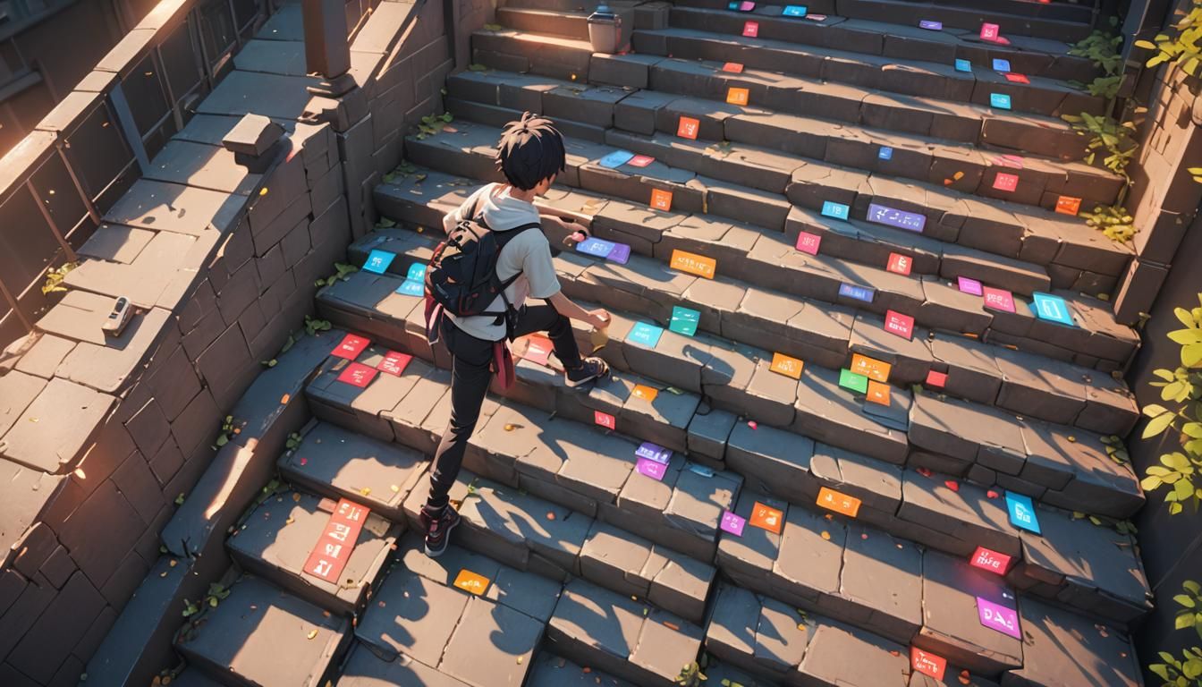 Anime Art: Person Climbing Goal Staircase in 3D
