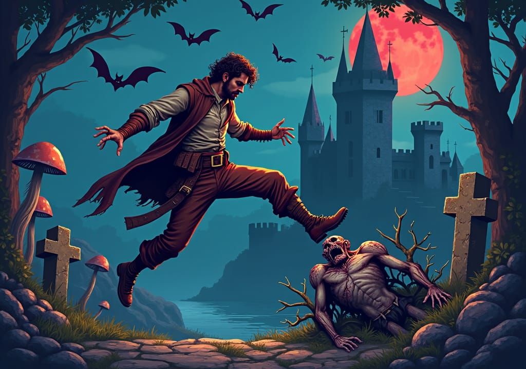 8-Bit Adventurer's Zombie Leap in Retro Pixel Art