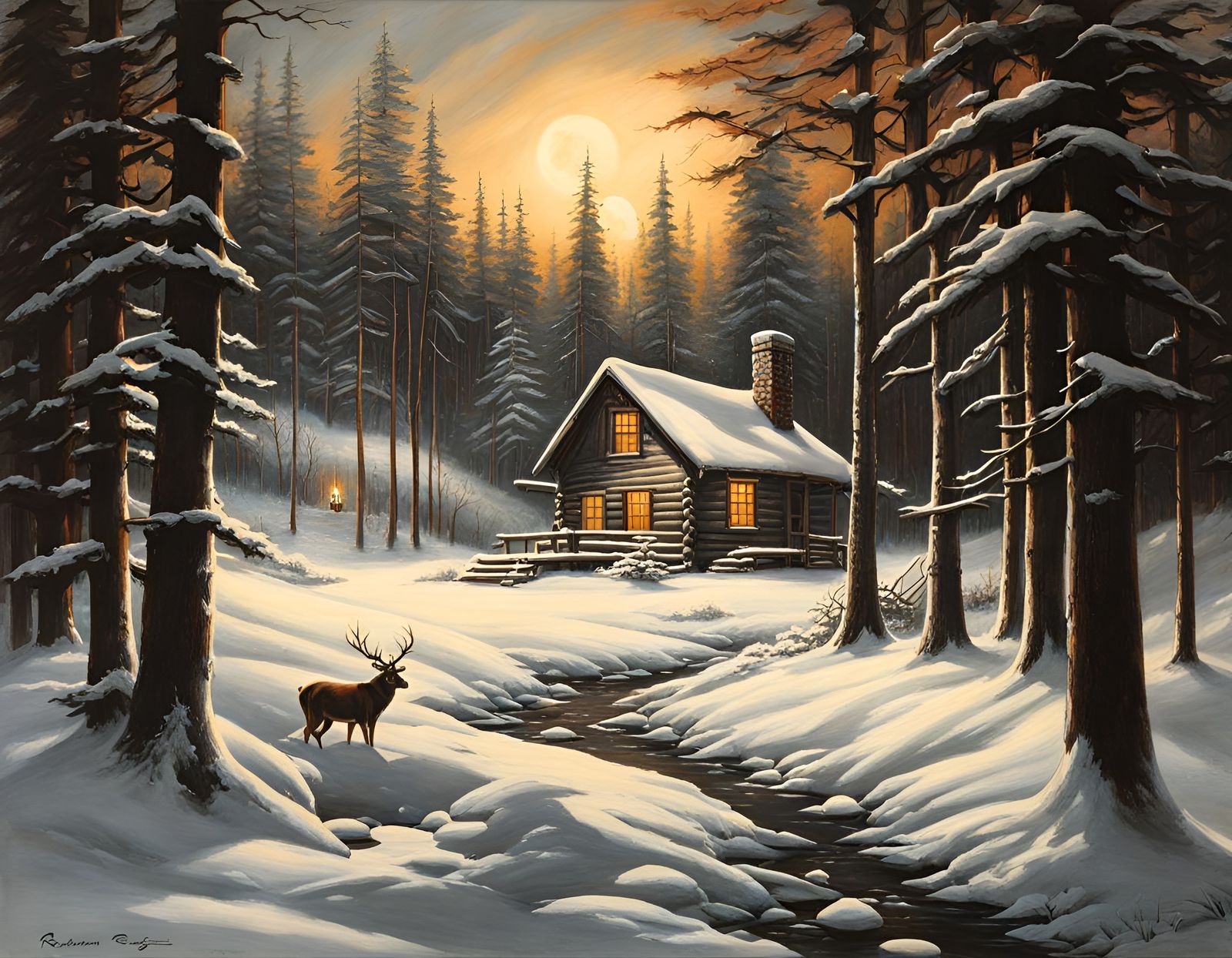 Snowbound Cabin in Woods: Retro Charcoal Drawing