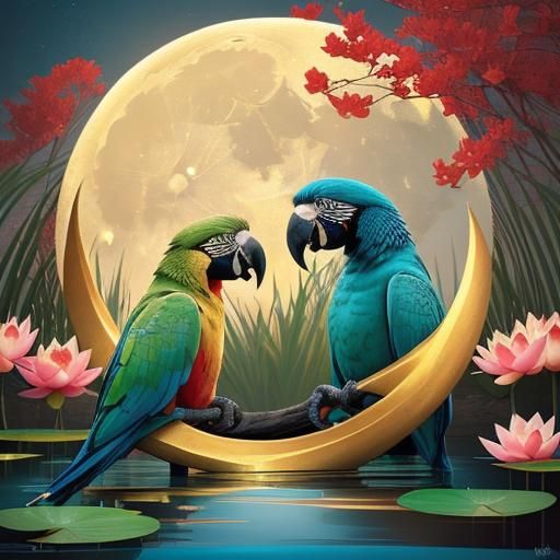 Parrots in Lotus Pond at Night, Hyperrealistic Art