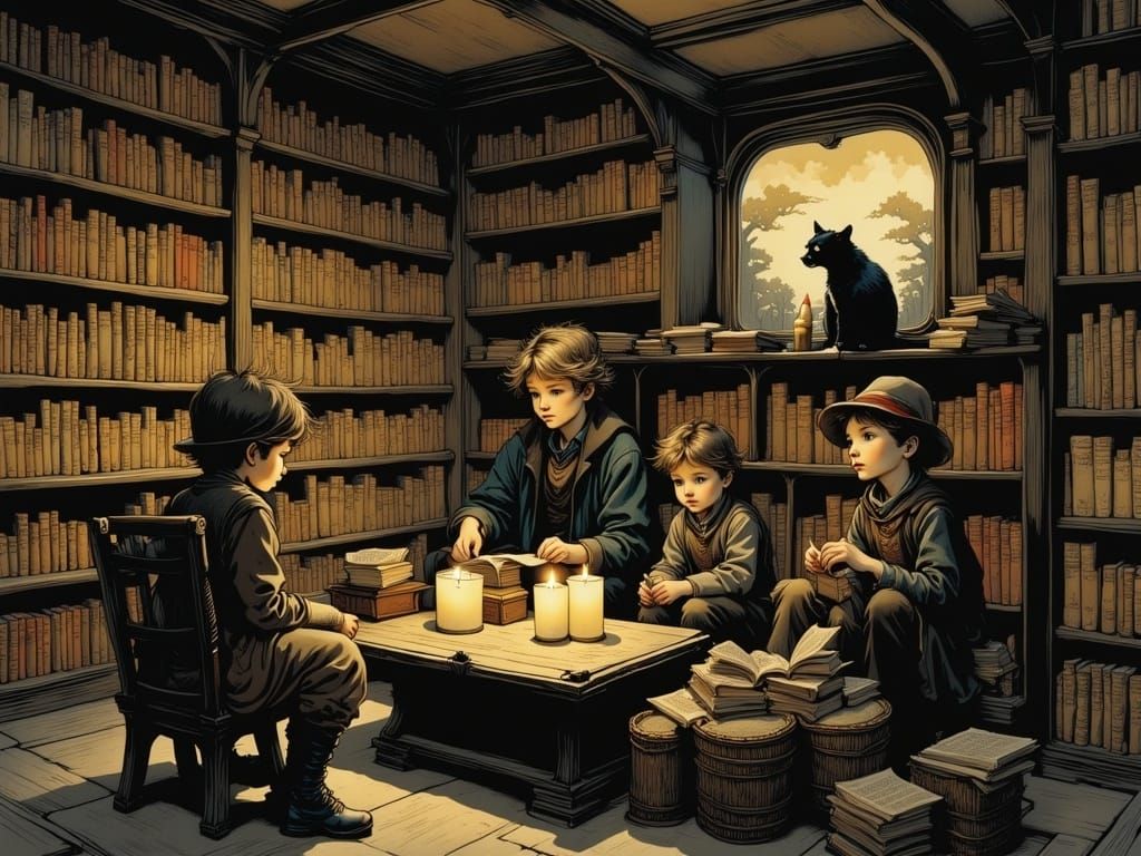 Storyteller in Cozy Bookshop, Fairy Tale Illustration