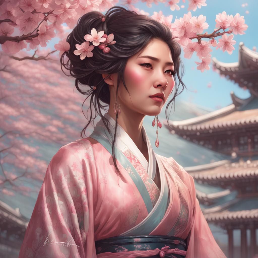 Asian Woman in Cherry Blossoms: Hyperdetailed Portrait