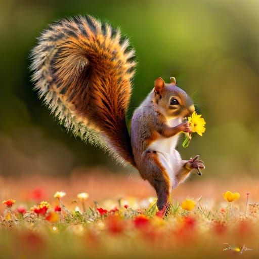 Hyperrealistic Squirrel Smelling Flower with Bokeh