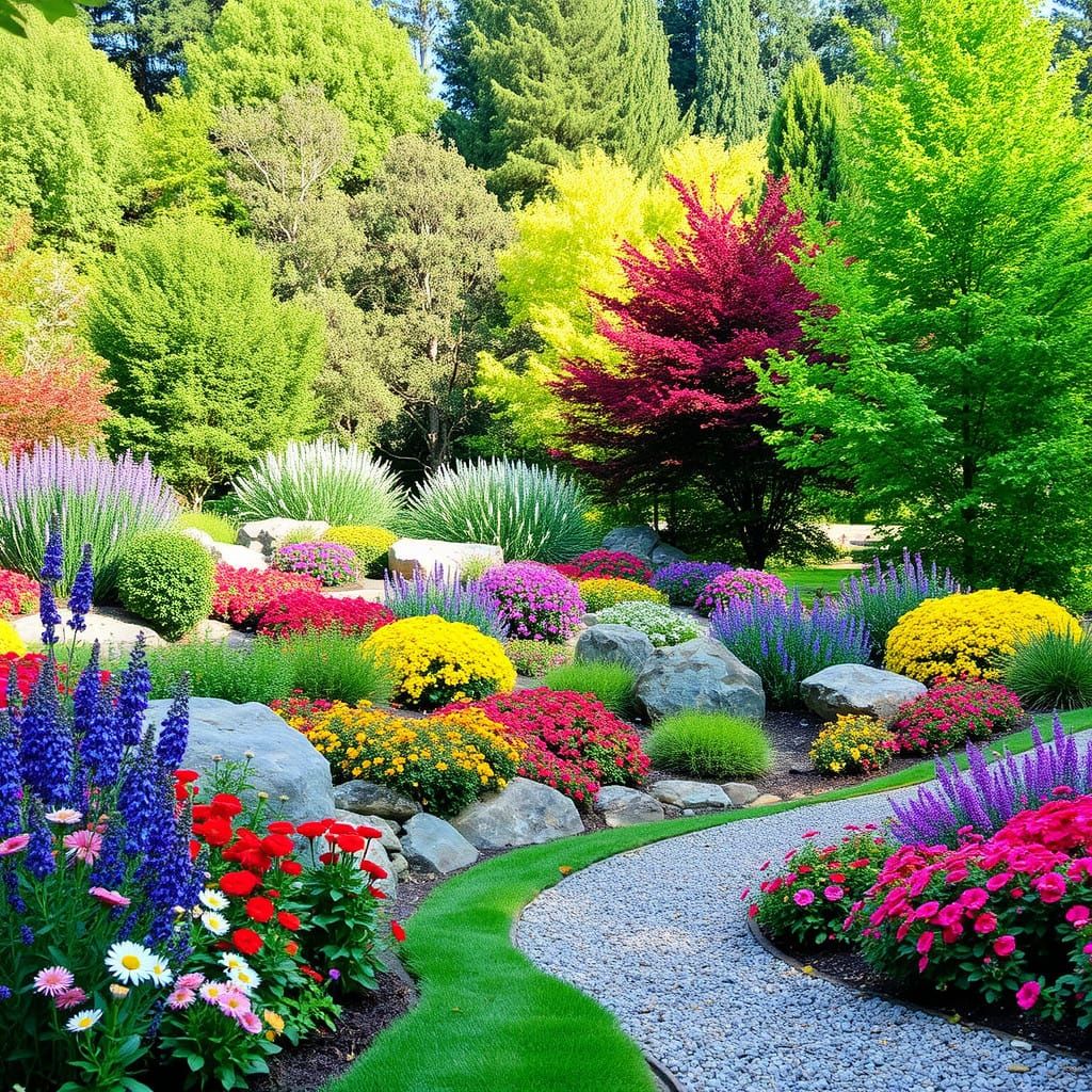 Vibrant Garden Scene with Winding Gravel Path