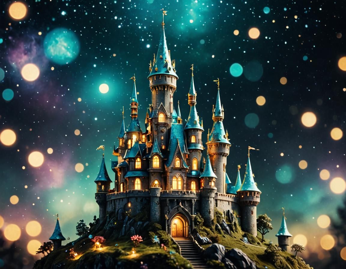 Holographic Fairy Castle Illustration in Vaporwave Style