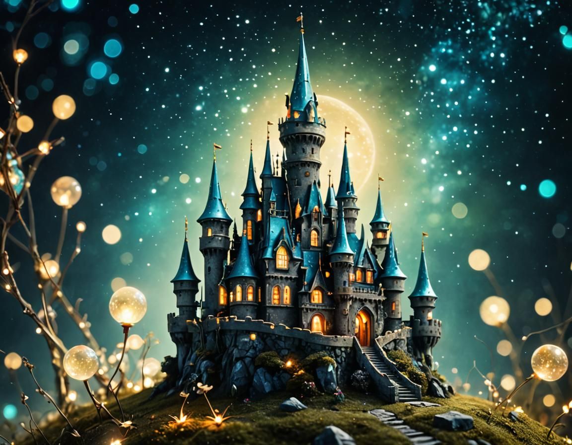 Holographic Fairy Castle: Cosmic Vaporwave Illustration