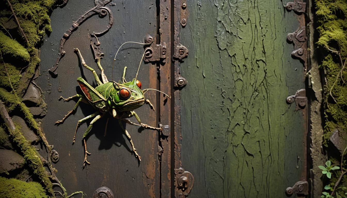 Demonic Grasshopper Guardian: Dark Fantasy Illustration