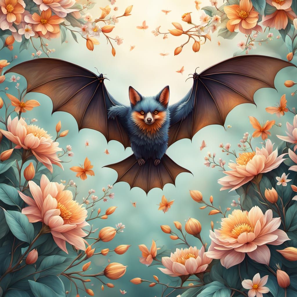Flying Fox in a Whimsical Floral Illustration