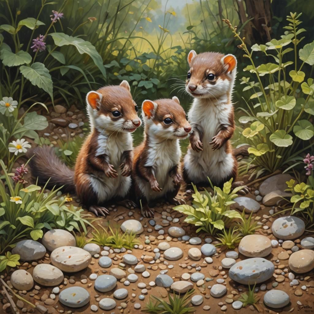 Baby Weasels Playing in Meadow: Oil Painting