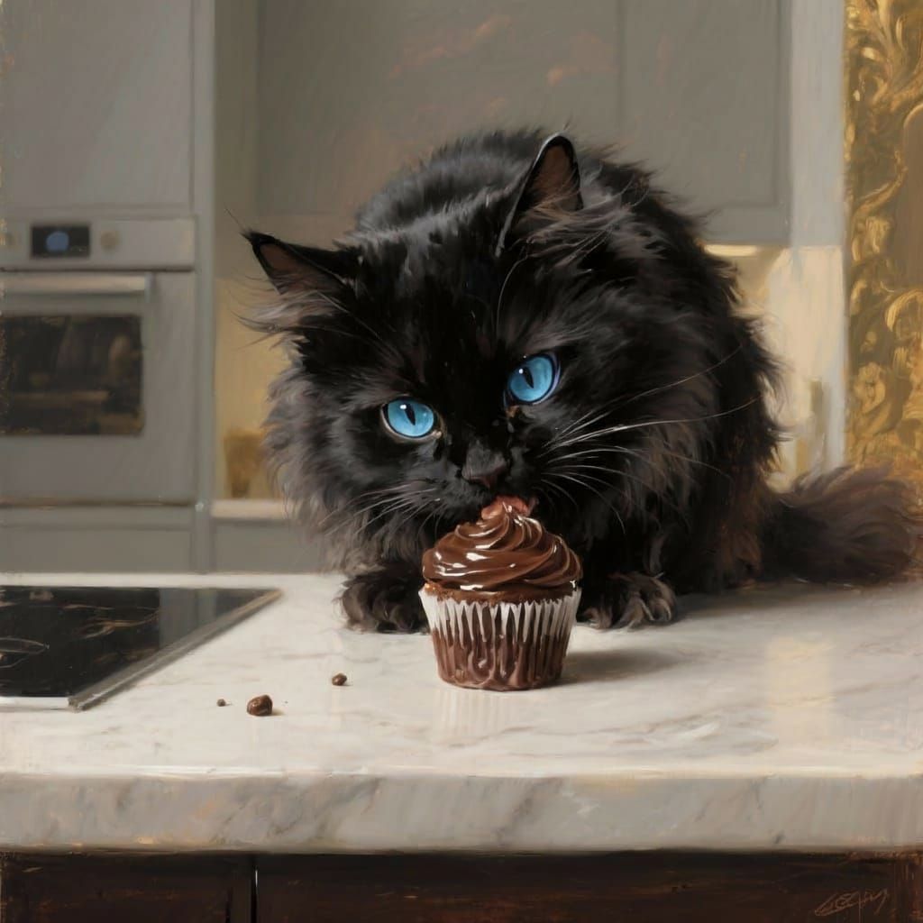 Black Persian Cat Dives into Chocolate Cupcake