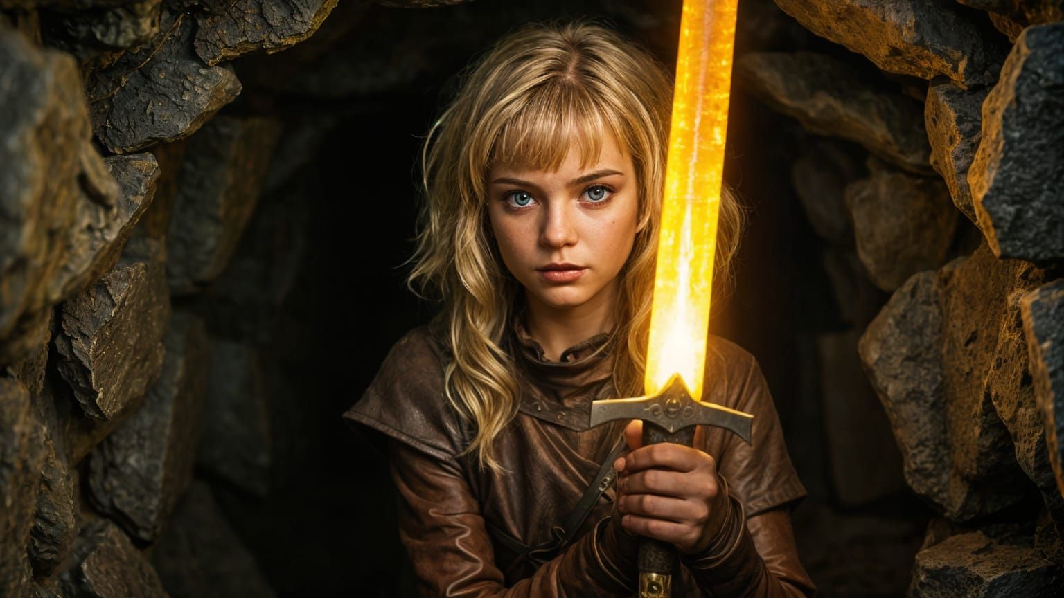 Halfling Adventurer Illuminates Dark Cave with Magical Sword