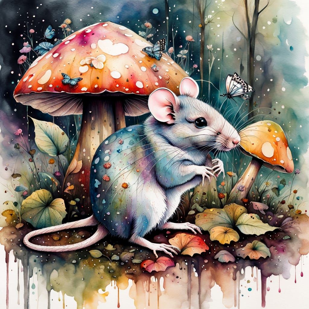 Mouse in Rainy Forest, Watercolour Art