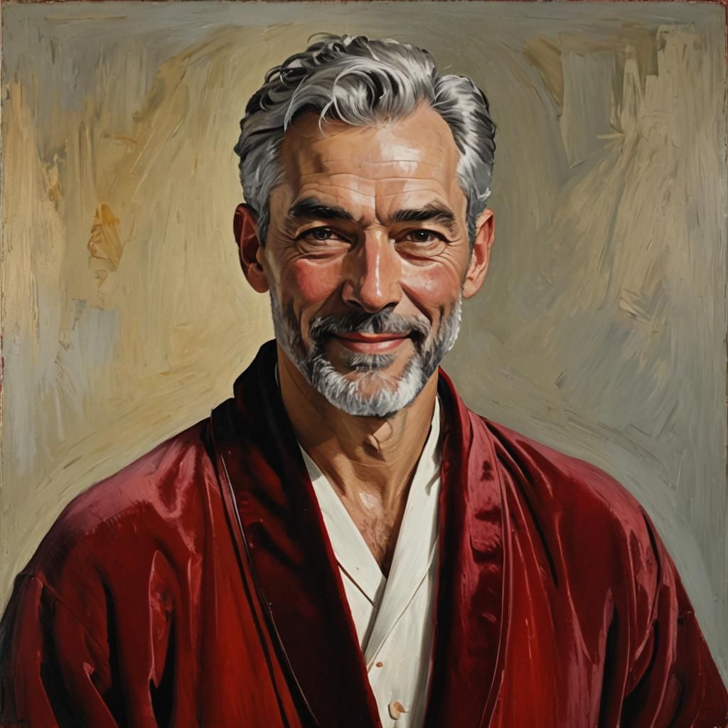 Joyful Man in Red Robe, Neo-Impressionist Oil Painting