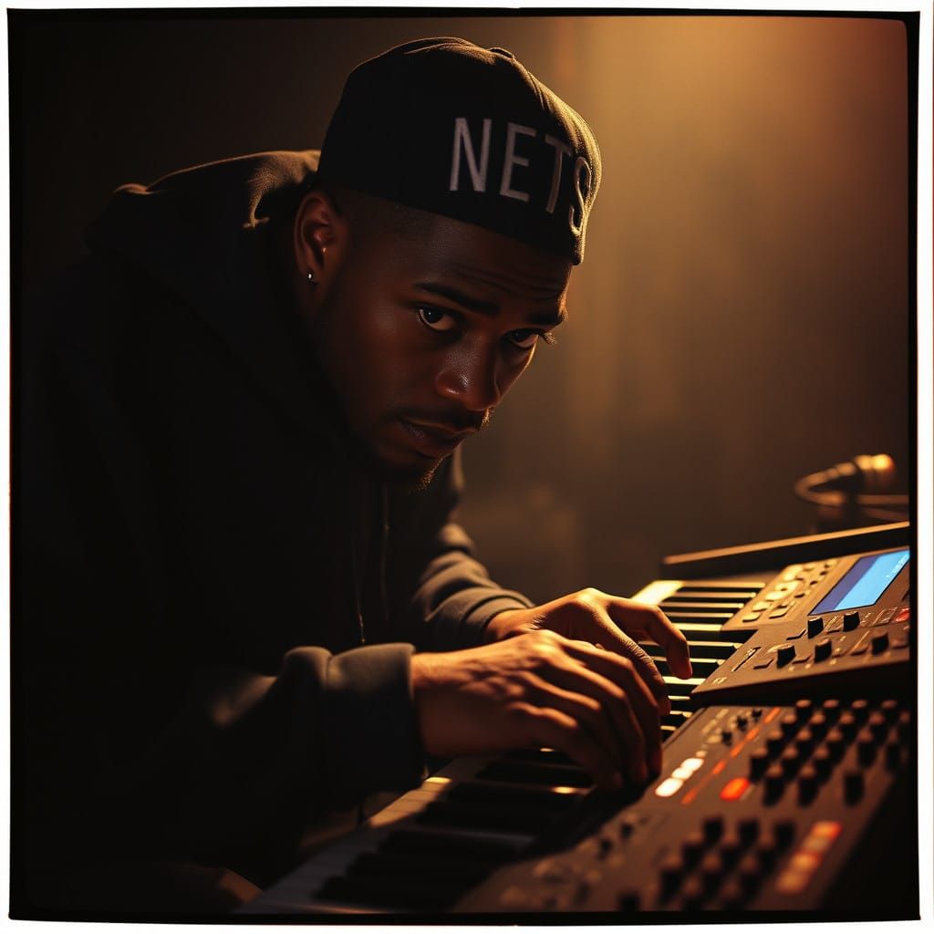 Hip Hop Musician in Dark Room, Brooklyn Nets Hat, Korg M1 an...