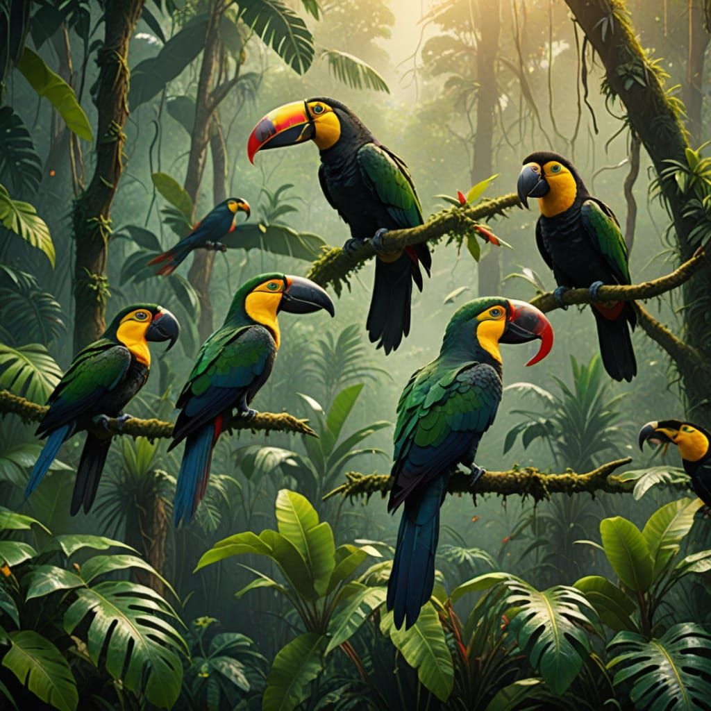 Parrots and Toucans in Misty Rainforest: Oil Painting