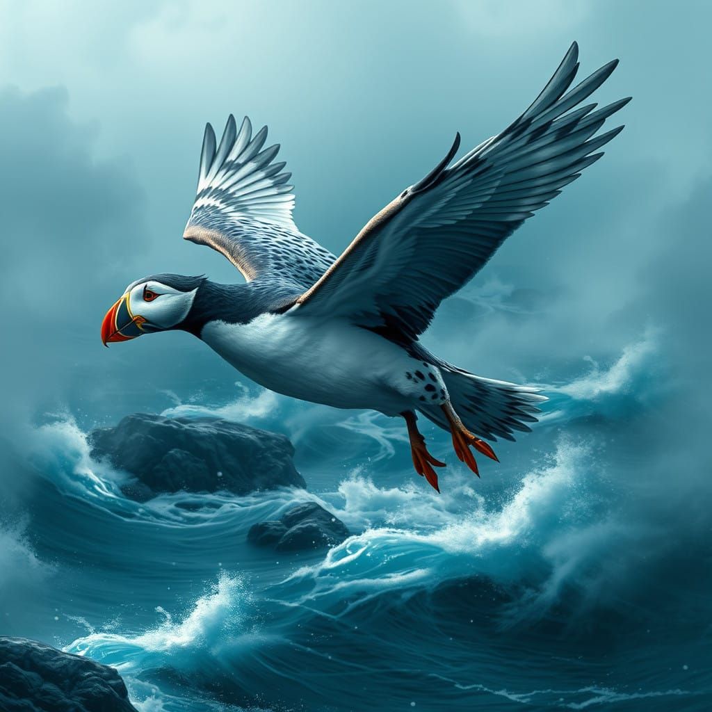 Fantastical Griffin-Puffin Hybrid Takes Flight Over Stormy C...