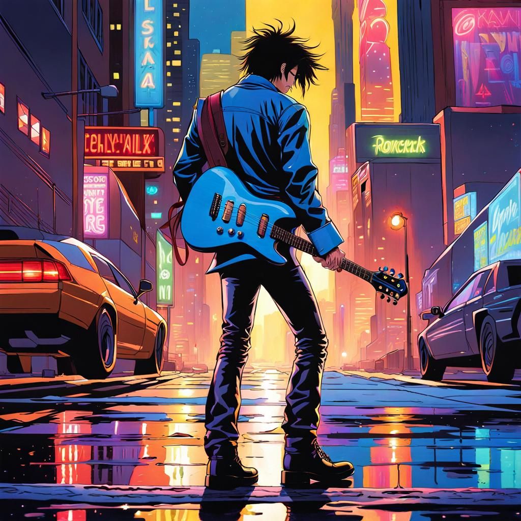 Energetic Rockstar Back View in Electric Blue Neon Cityscape