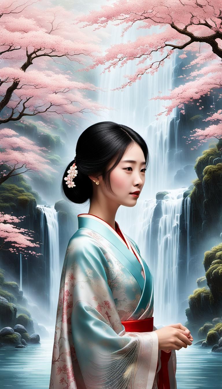 Ethereal Asian Woman at Shimmering Waterfall in Fantasy Land...