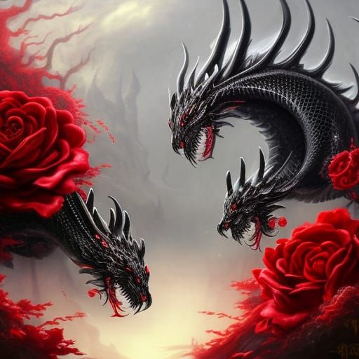 Yin and Yang Dragons with Roses, Detailed Matte Painting