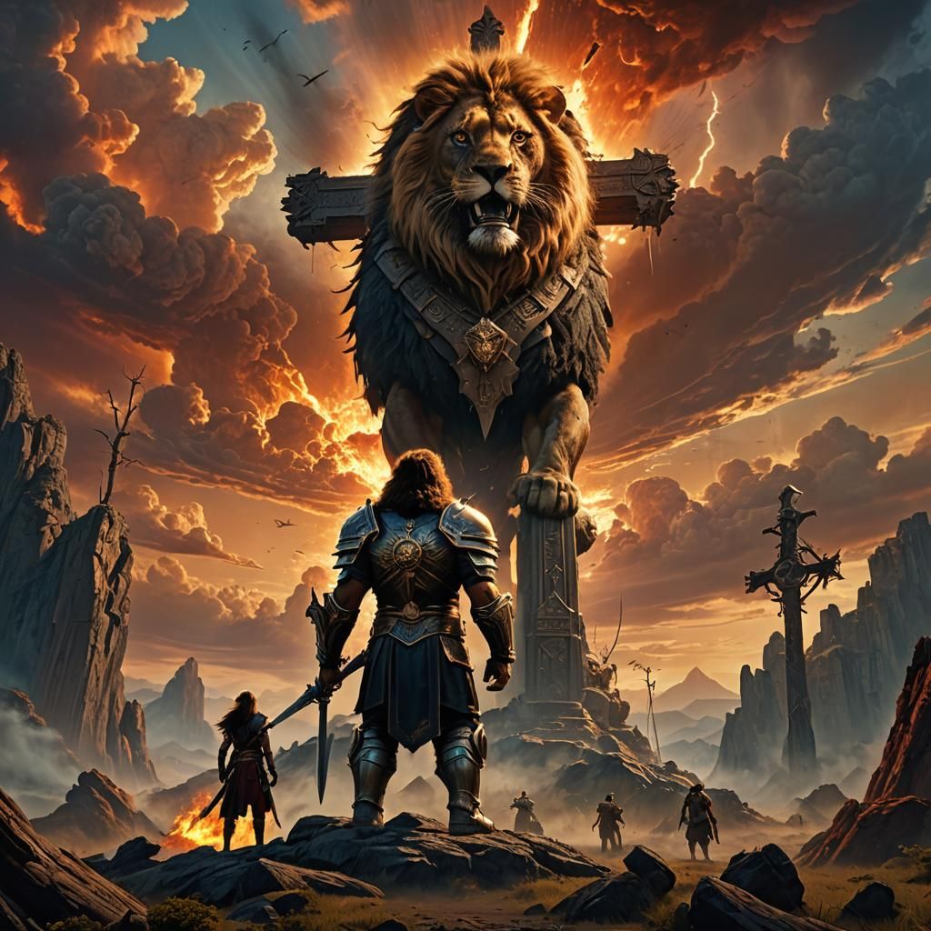 Epic Warrior Before Ancient Cross in Fiery Sky