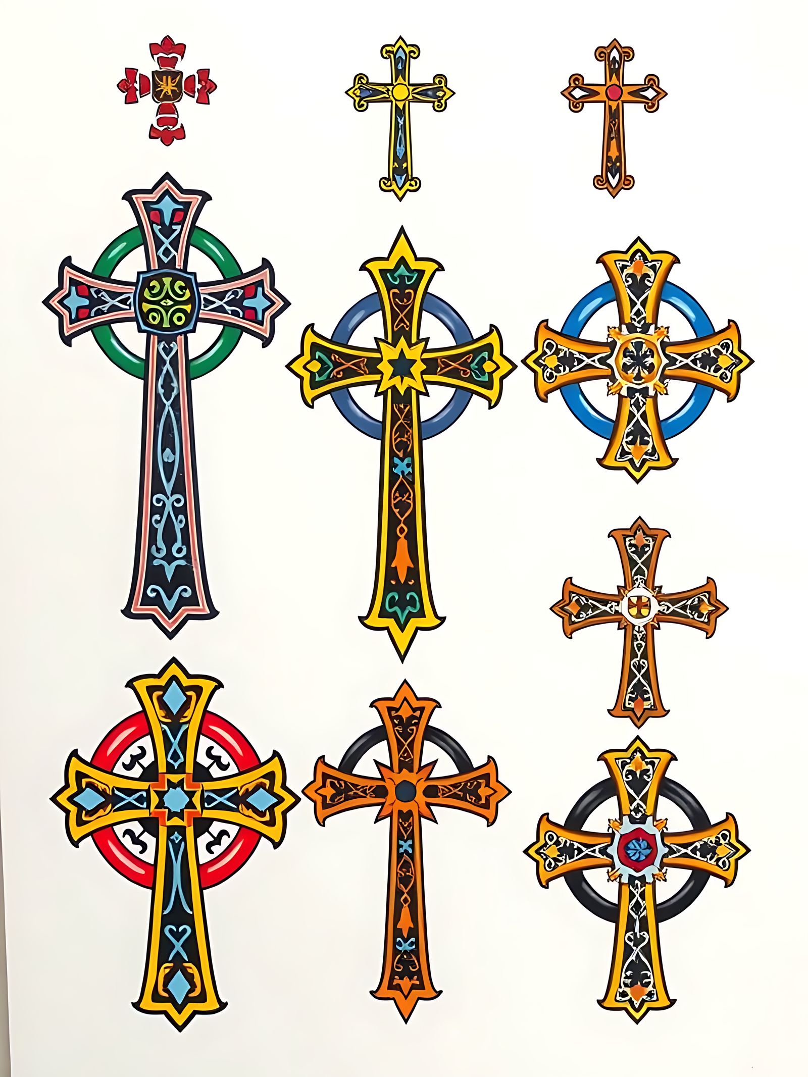 A sheet of dual coloured Celtic cross tattoos.