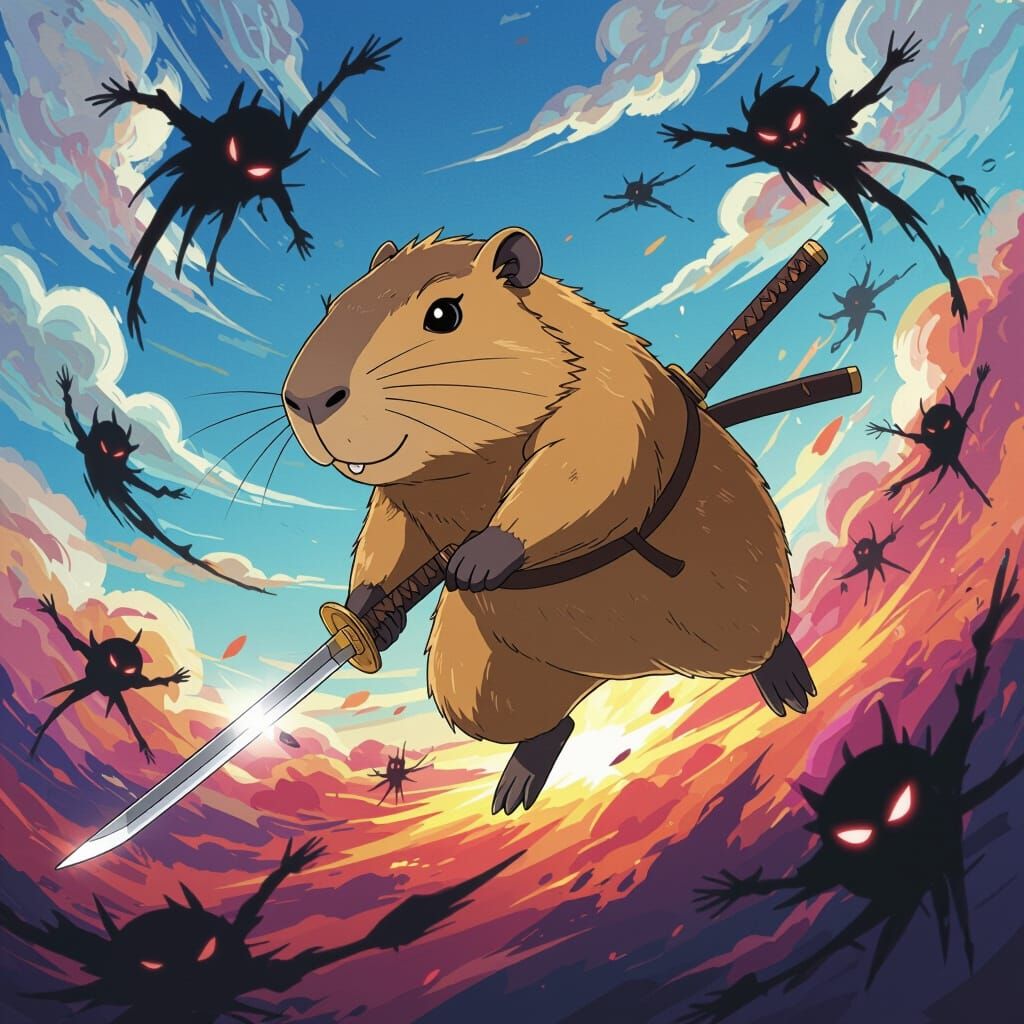 Heroic Capybara Battles Shadowy Foes with Katana