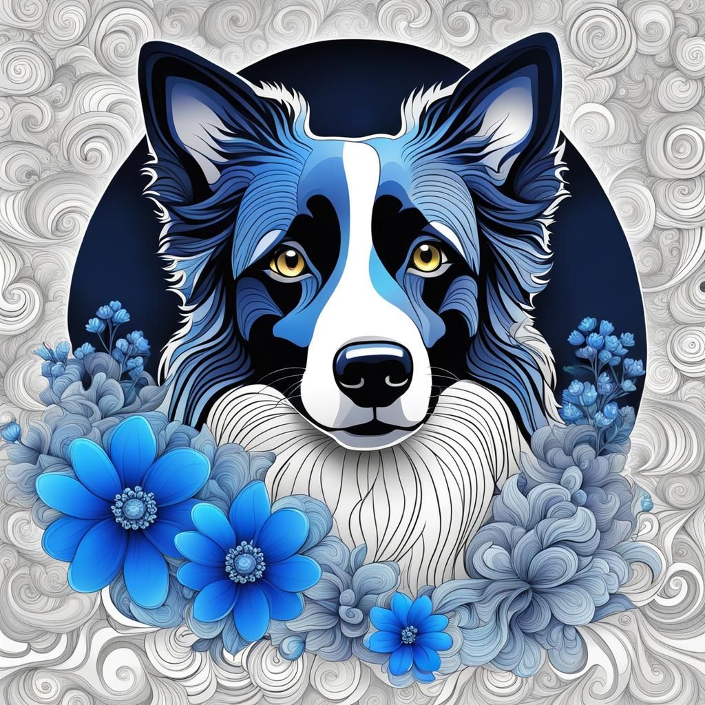 Border Collie with Blue Flowers, in Abstract Vector Style