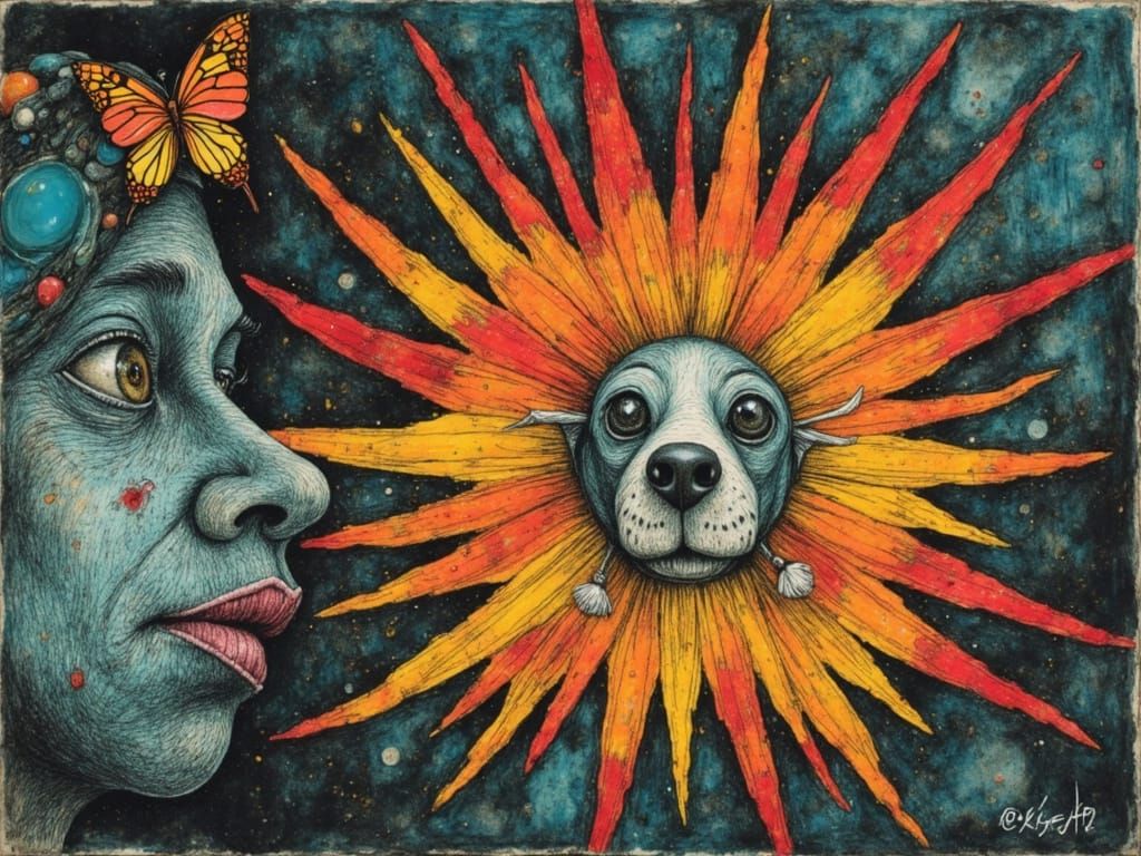 Post Apocalyptic Wanderer With Dog in Whimsical Oil Painting...