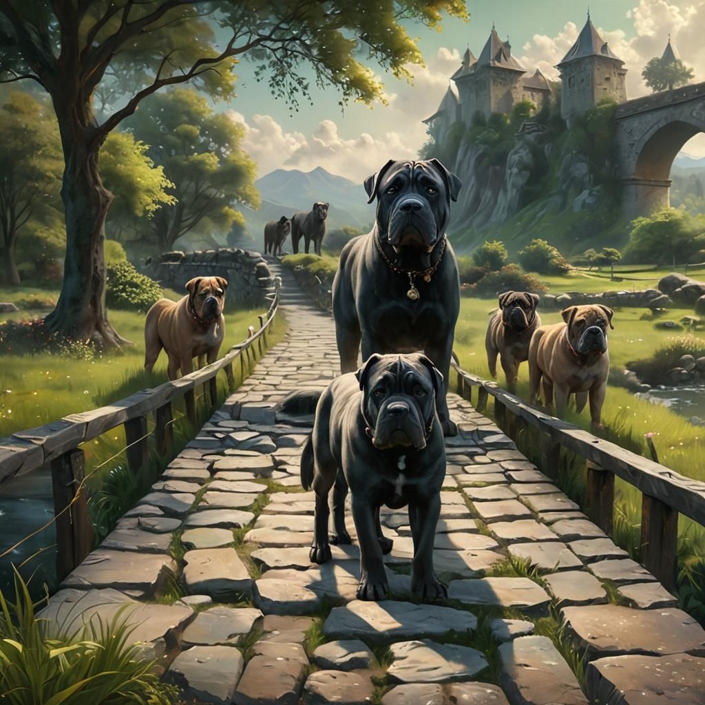 Cane Corsos Cross Bridge in Ethereal Landscape