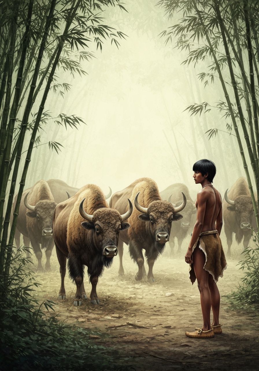 Bison Herd and Shepherd in Atmospheric Clearing