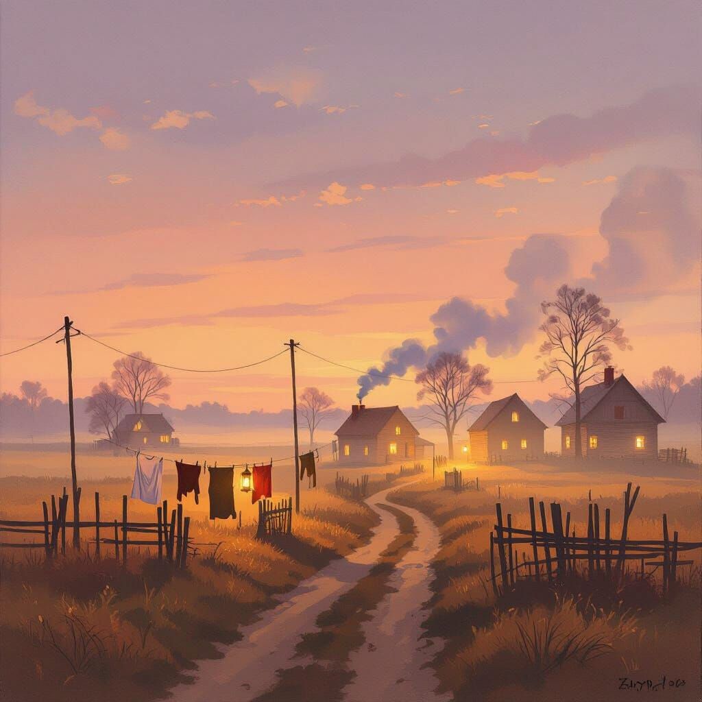 Rural Village at Dusk with Warm Lantern Light