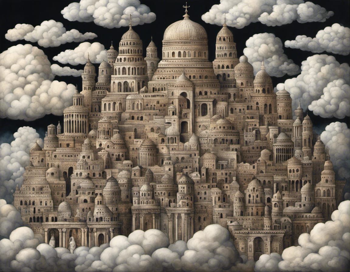 Ancient City in the Clouds: Art Brut Baroque Illustration