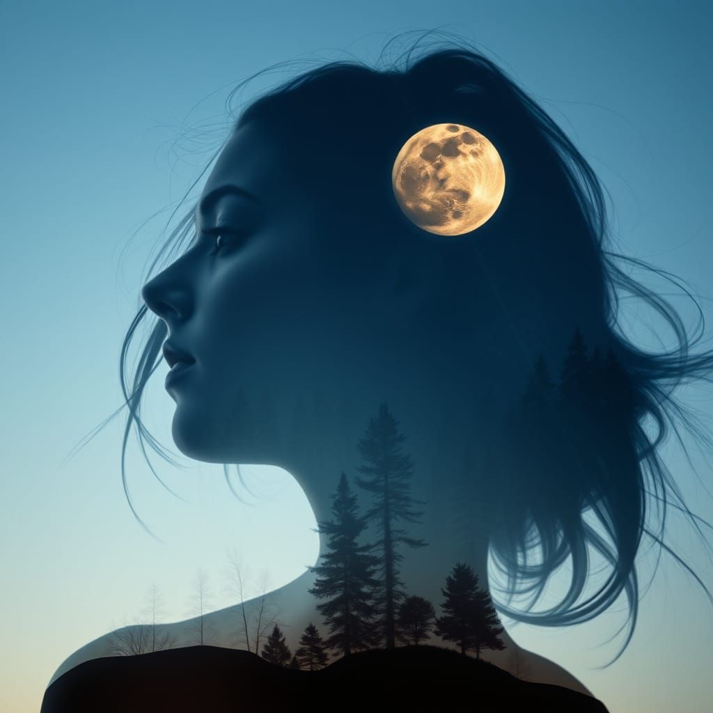 Ethereal Double Exposure Portrait under Moonlit Fractal Skie...