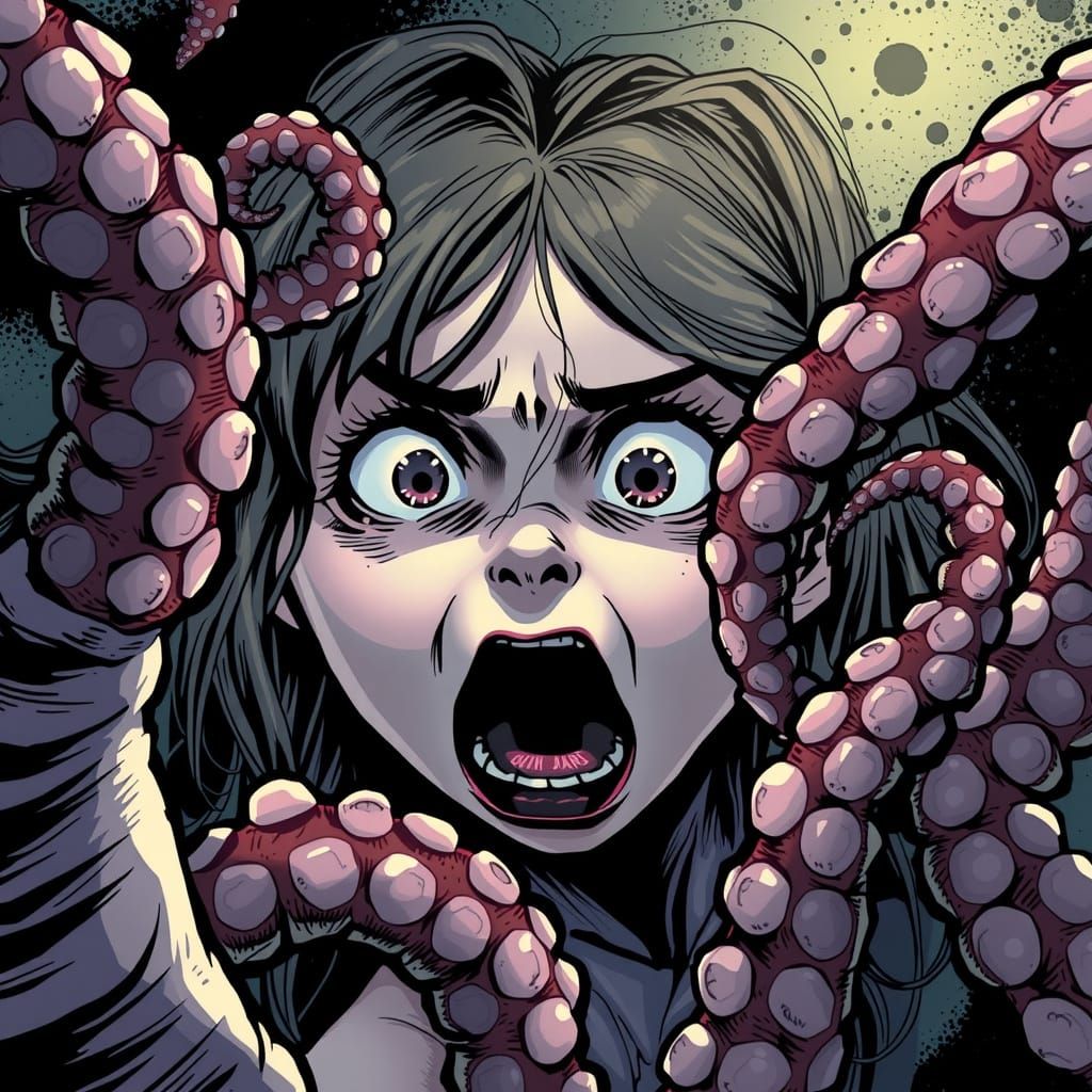 Girl Recoils in Terror Before Tentacled Horror in Dark Comic...
