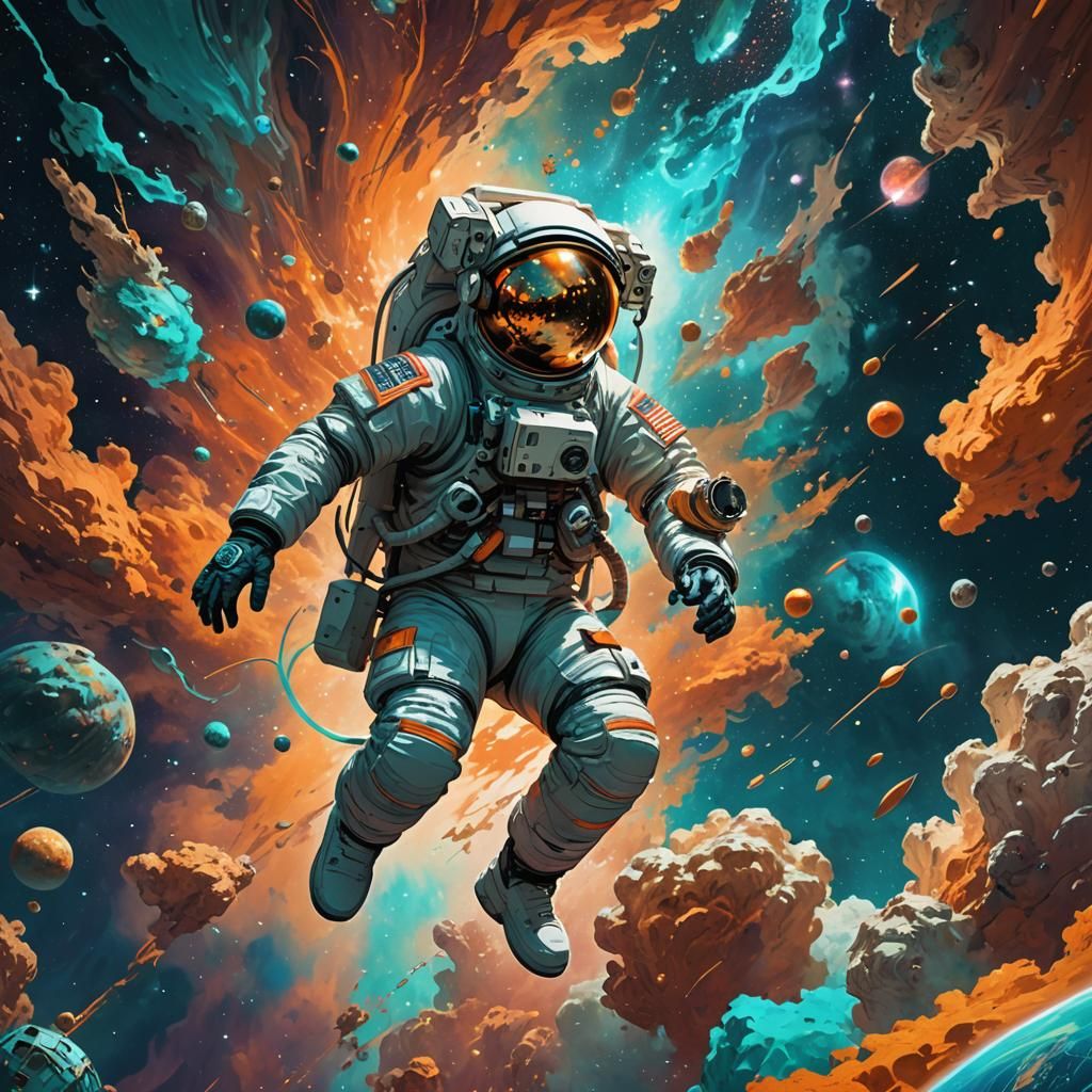 Astronaut in Space Amidst Vibrant Nebulae