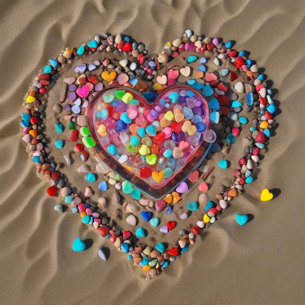 Neon Hearts on a Surreal Beach