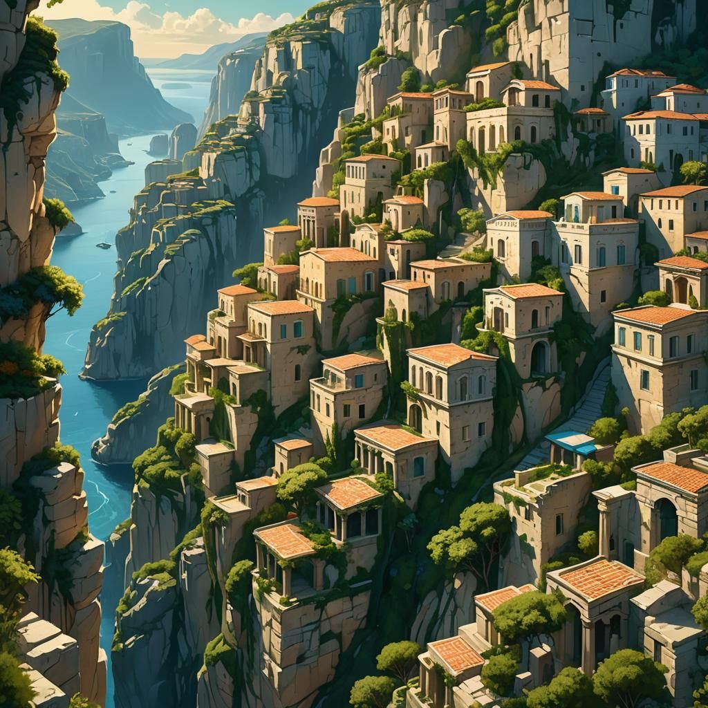 Lush Greek City on Cliff Face: Art Nouveau Concept