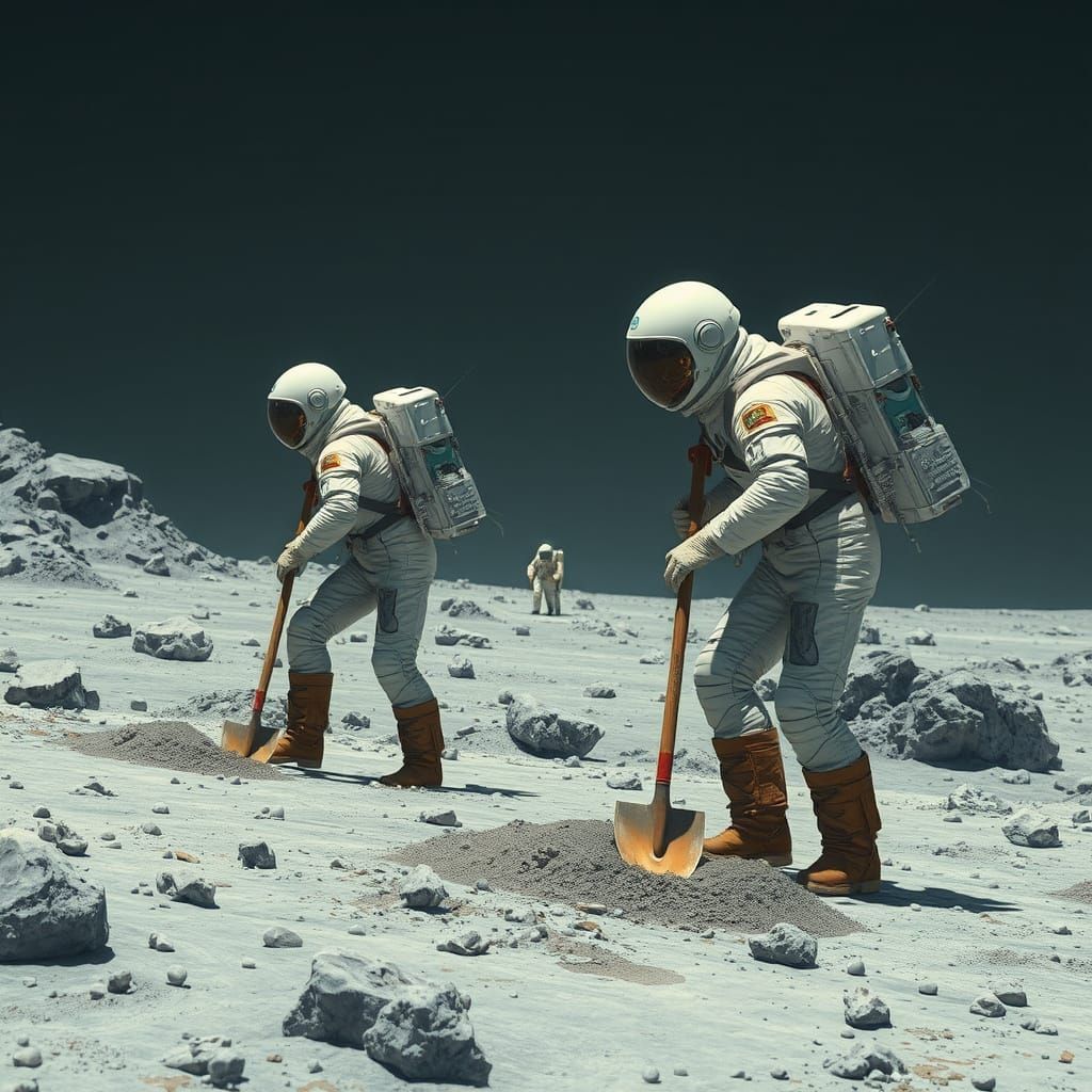 Astronauts Digging on the Moon in Retro-Futuristic Style