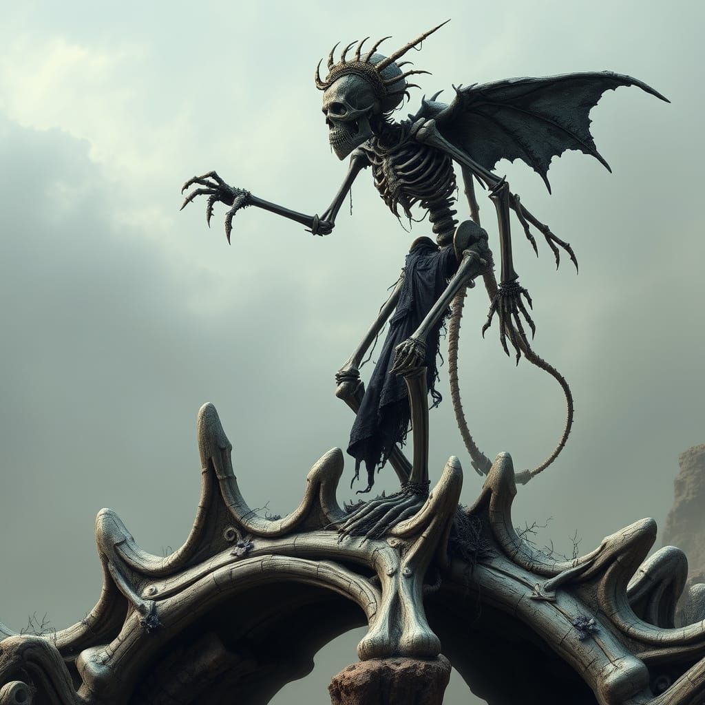 Skeletal Guardian on Bone Bridge in Dark Biomechanical Style